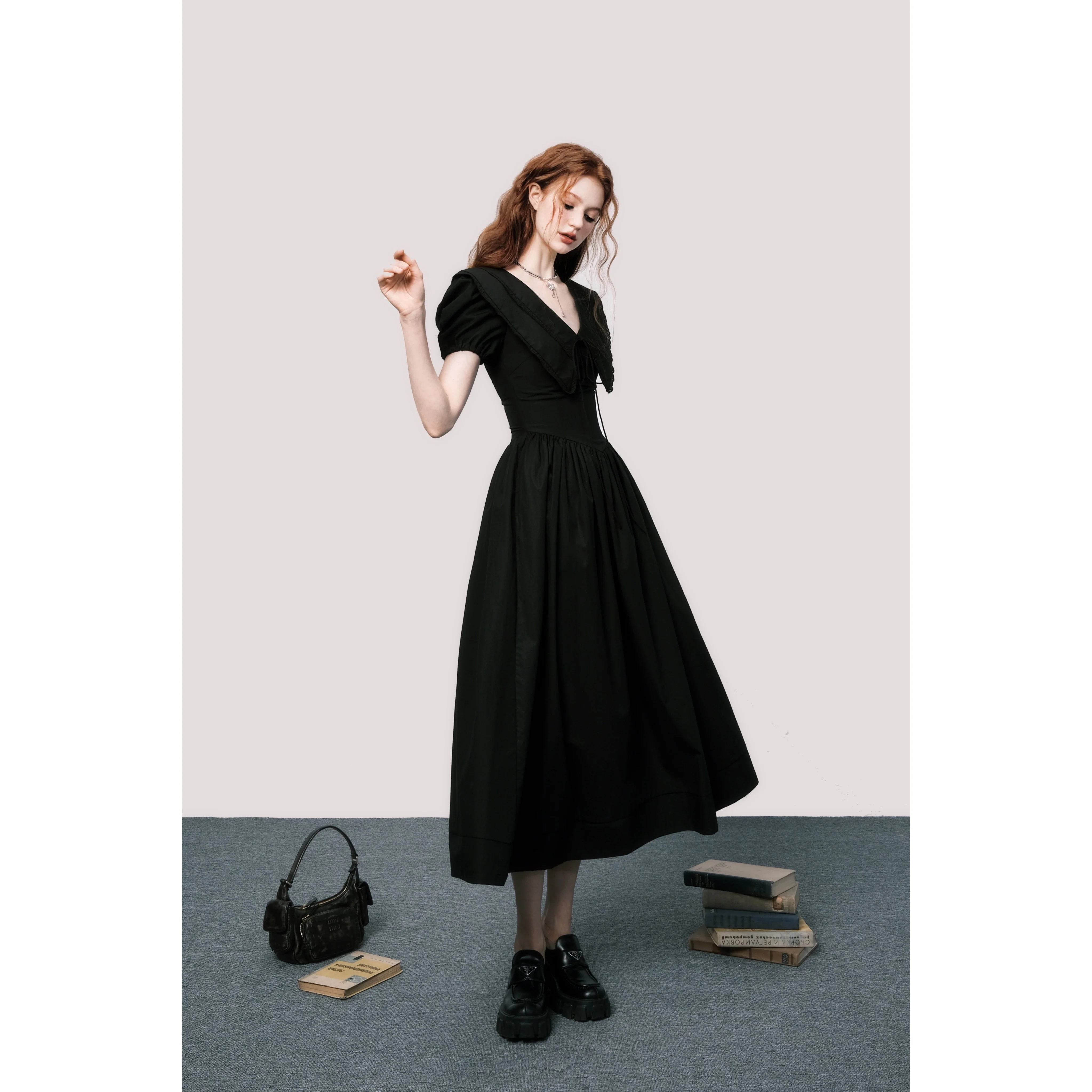 French V-Neck Puff Sleeve Dress - Image 3