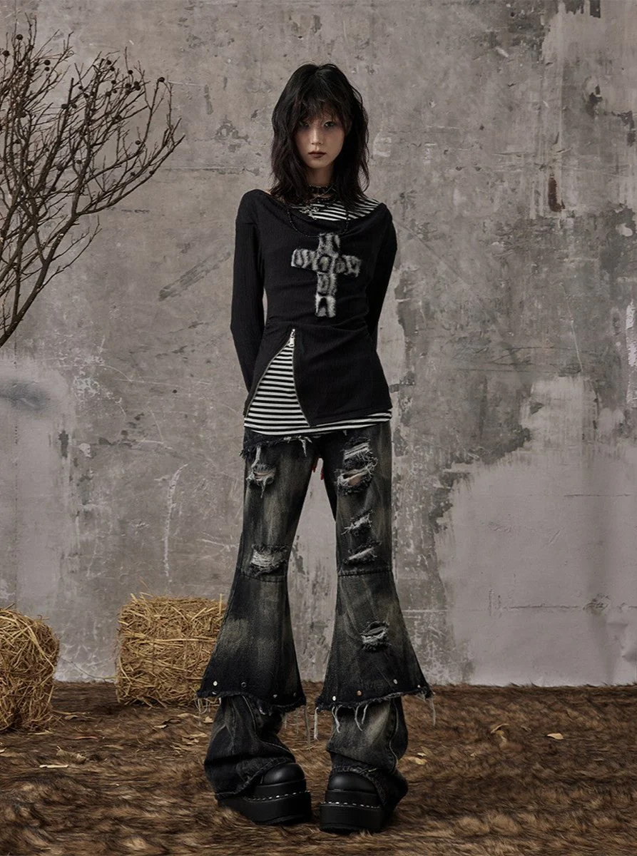 Fake Two-Piece Rivet Washed Jeans Women - Image 3