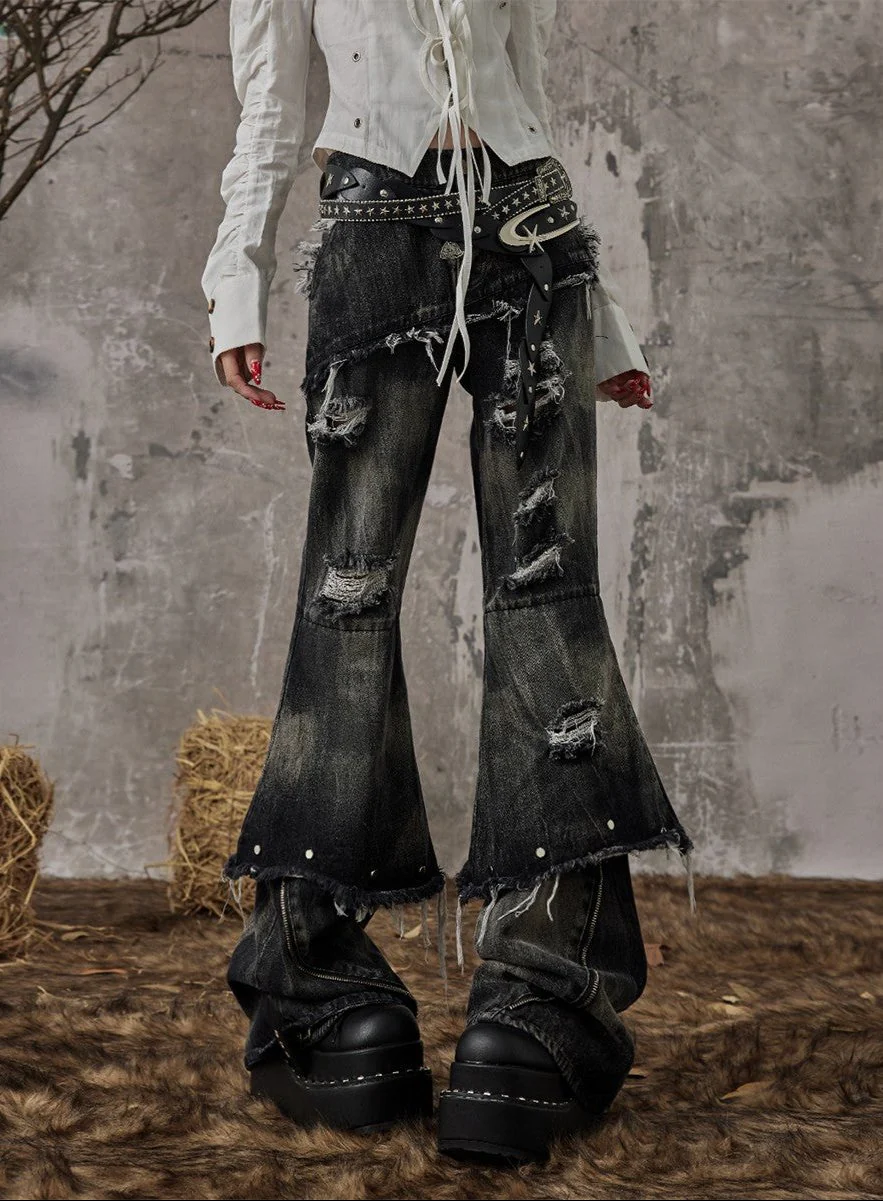 Fake Two-Piece Rivet Washed Jeans Women - Image 5