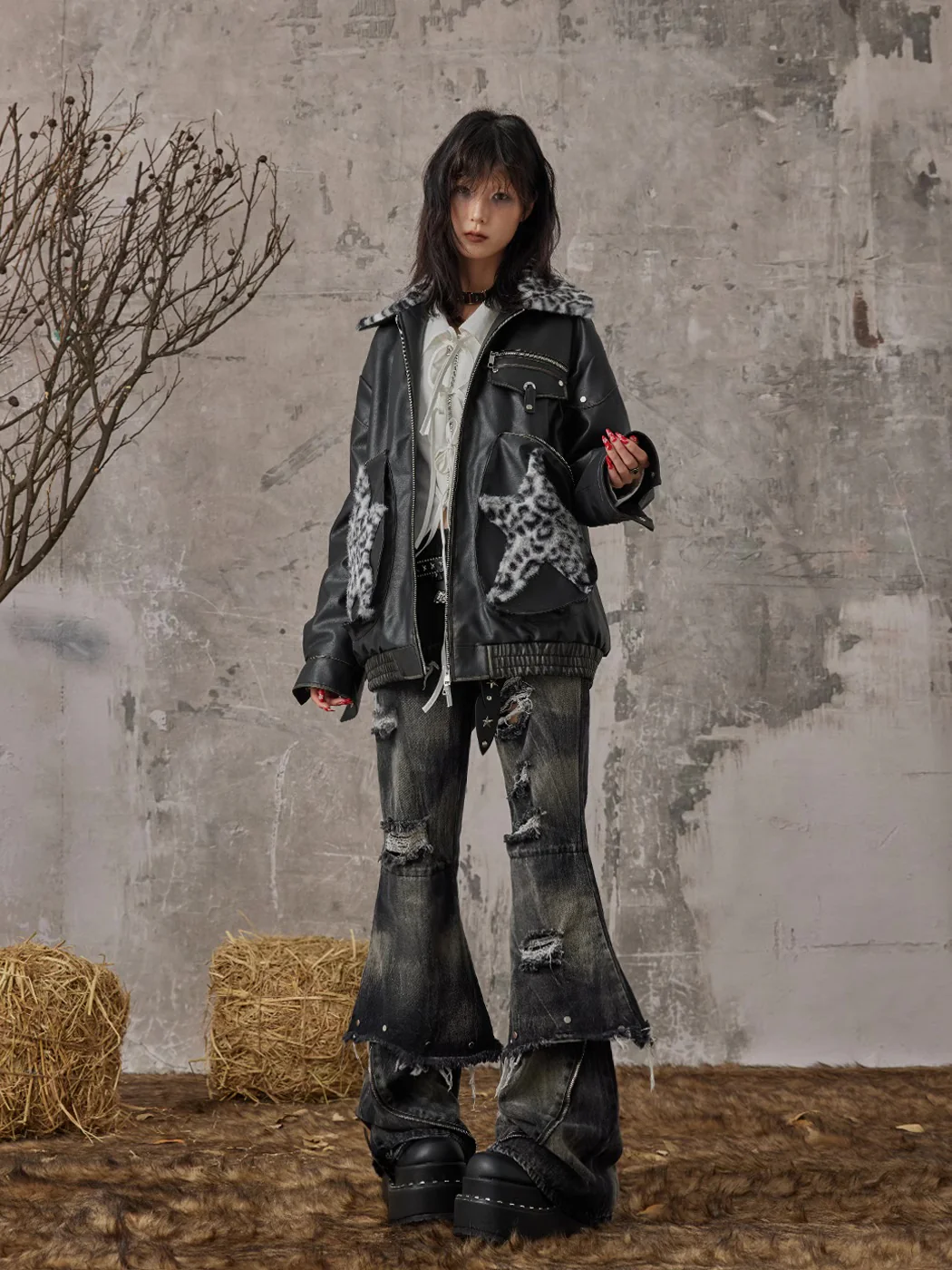 Fake Two-Piece Rivet Washed Jeans Women - Image 9