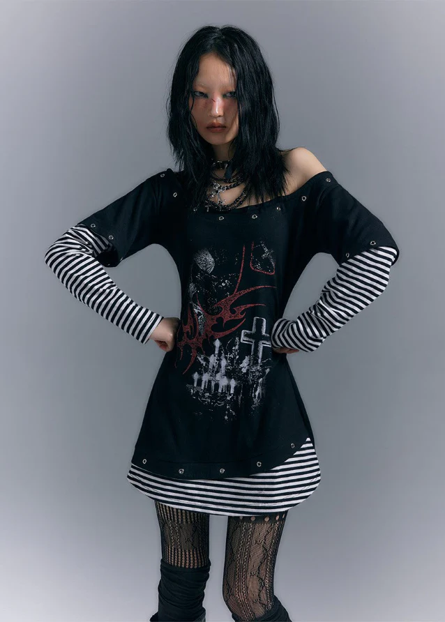 Long Sleeve Printed Slim Fit T-shirt Dress - Image 3