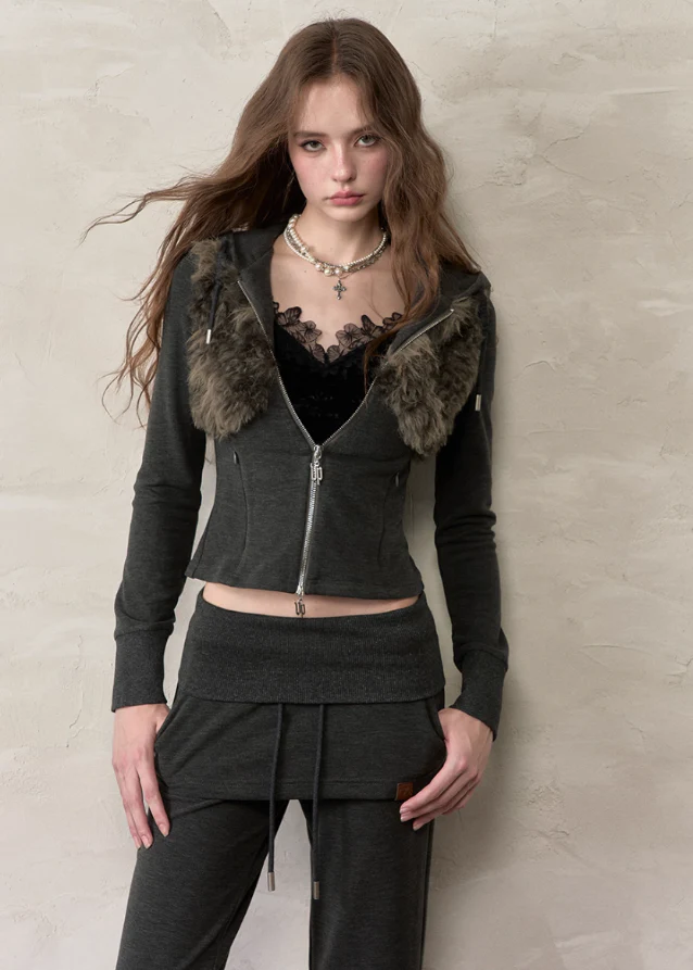 Fur Crest Zip Hoodie Jacket Set-Up