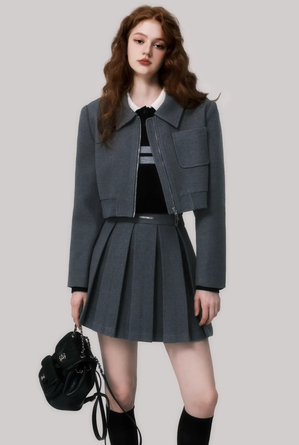 Gray Wool Pleated Skirt Suit - Image 2