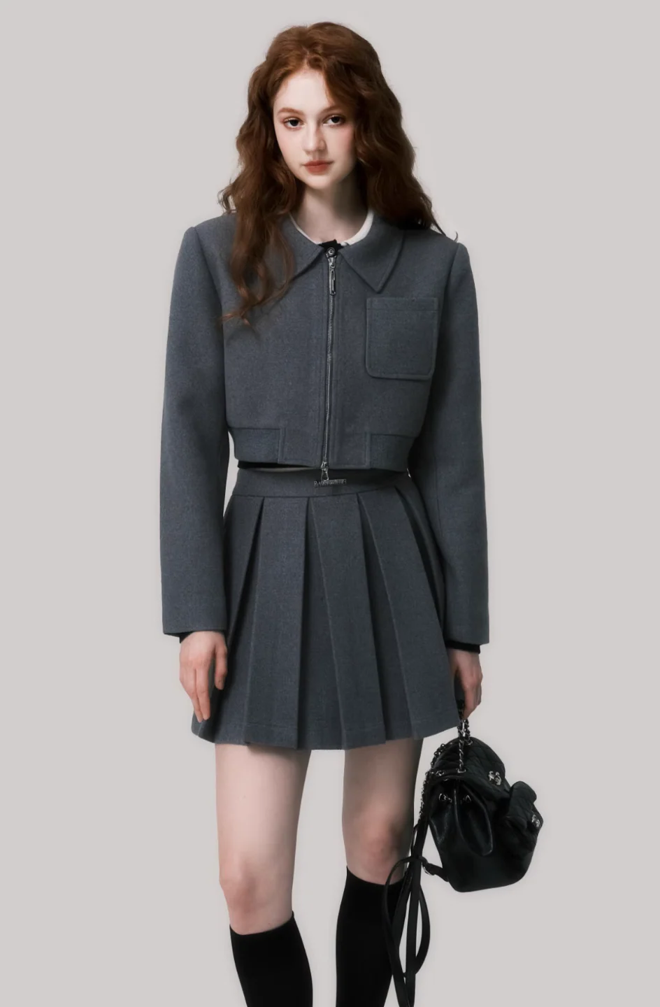 Gray Wool Pleated Skirt Suit - Image 4