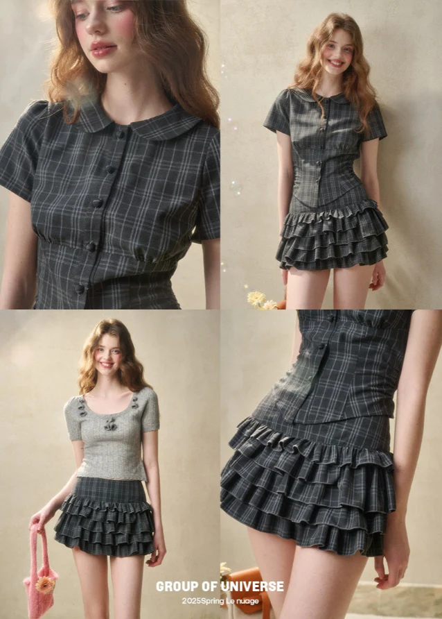 Green Check Doll Collar Shirt & Puff Skirt Set - Image 5