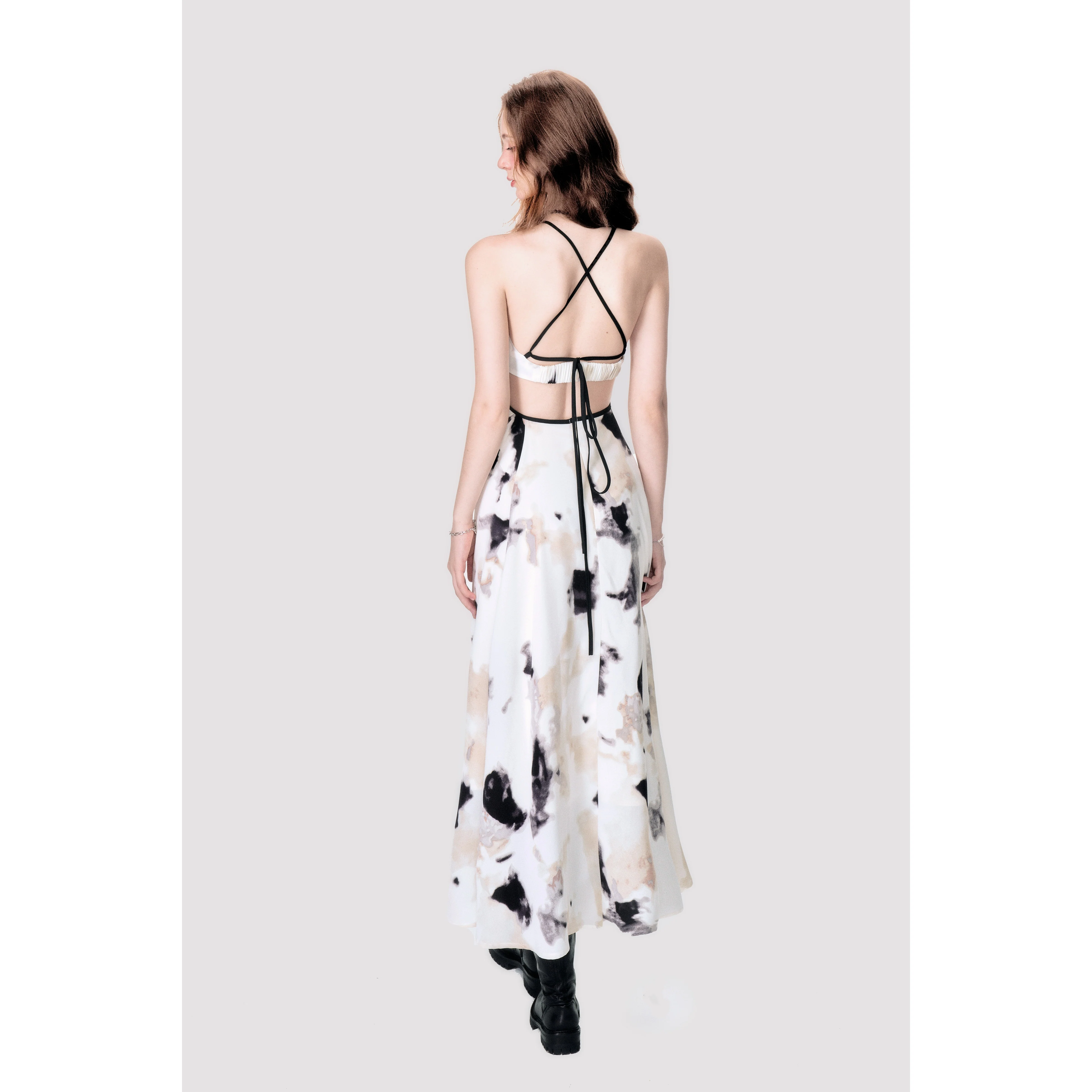 Ink Print Halter Backless Dress - Image 3