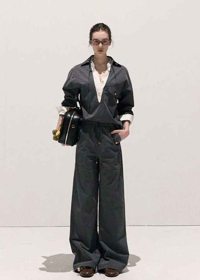 High-Sense Contrast Faux Two-Piece Shirt & Wide-Leg Pants Set - Image 3