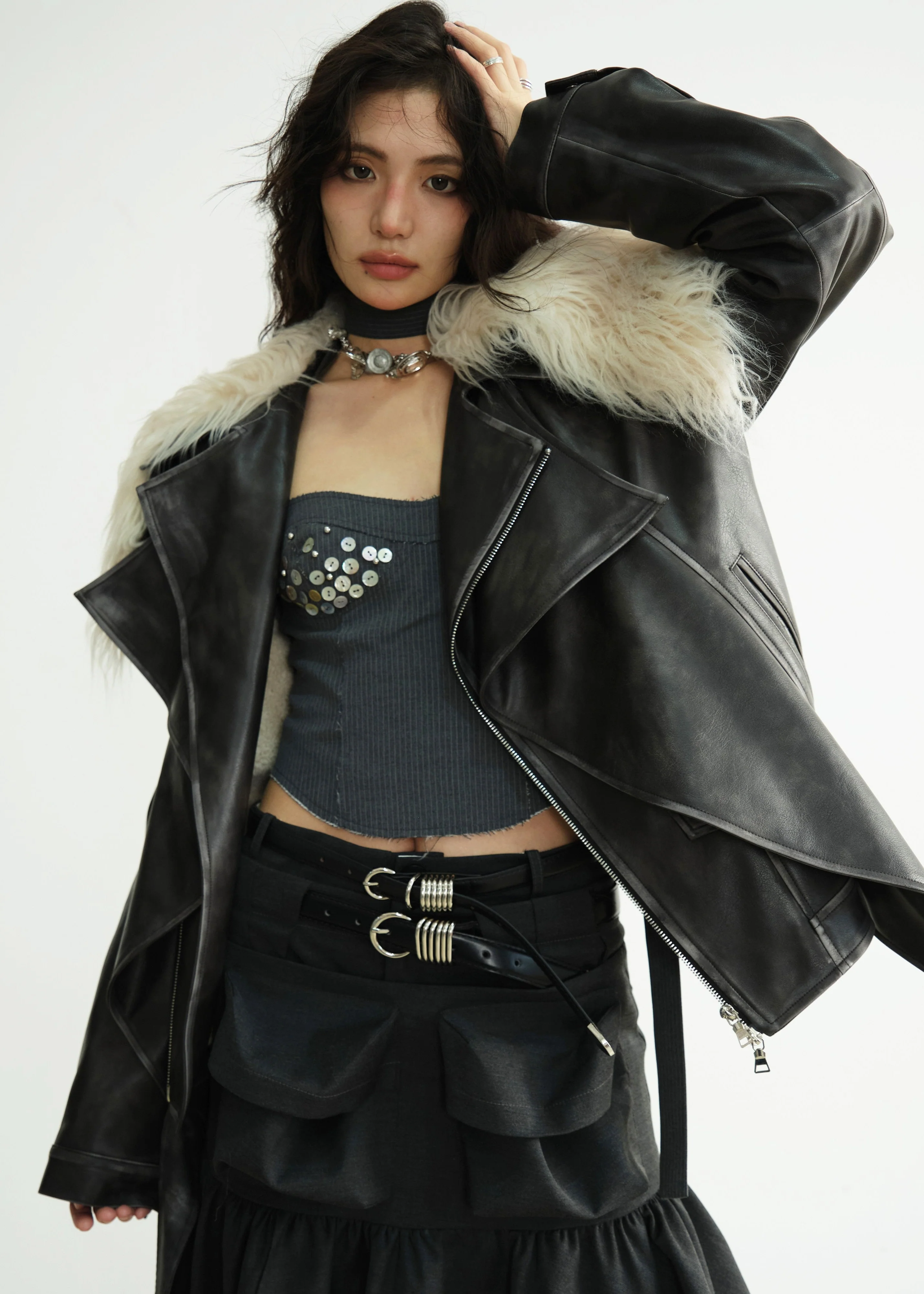 Long Fur Collar Rock-Inspired PU Jacket - Image 2