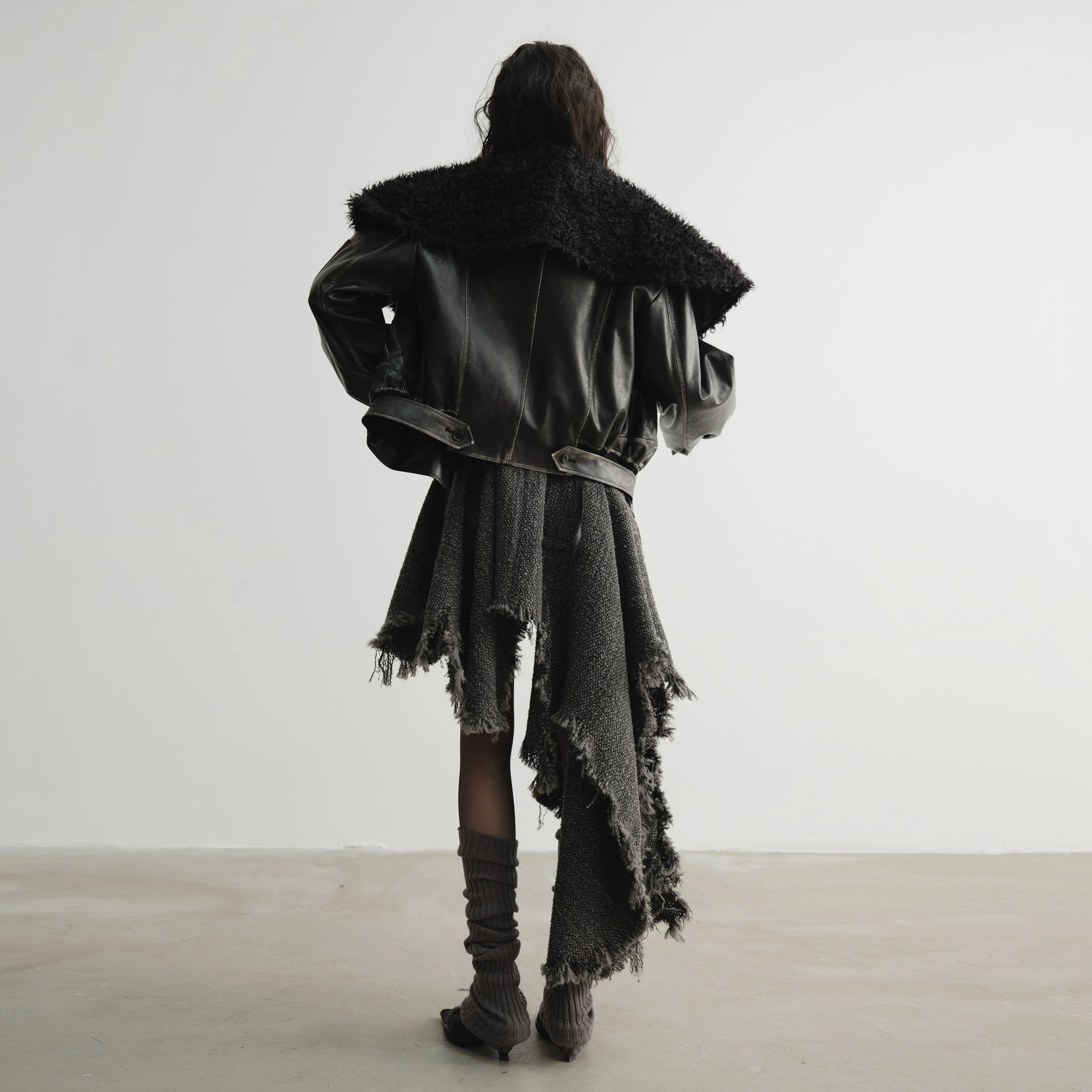Genderless Wrap PU Leather Jacket with Fur Collar - Image 3