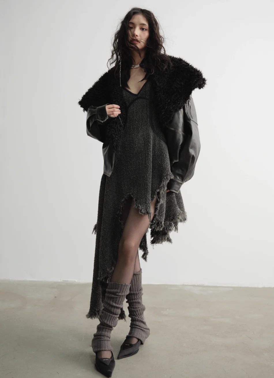 Genderless Wrap PU Leather Jacket with Fur Collar - Image 4