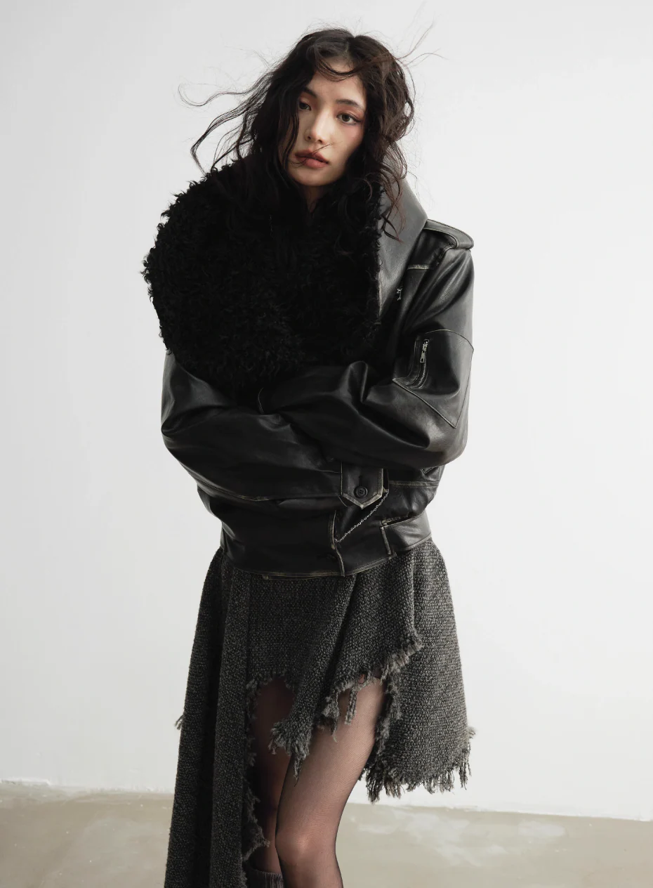 Genderless Wrap PU Leather Jacket with Fur Collar - Image 5