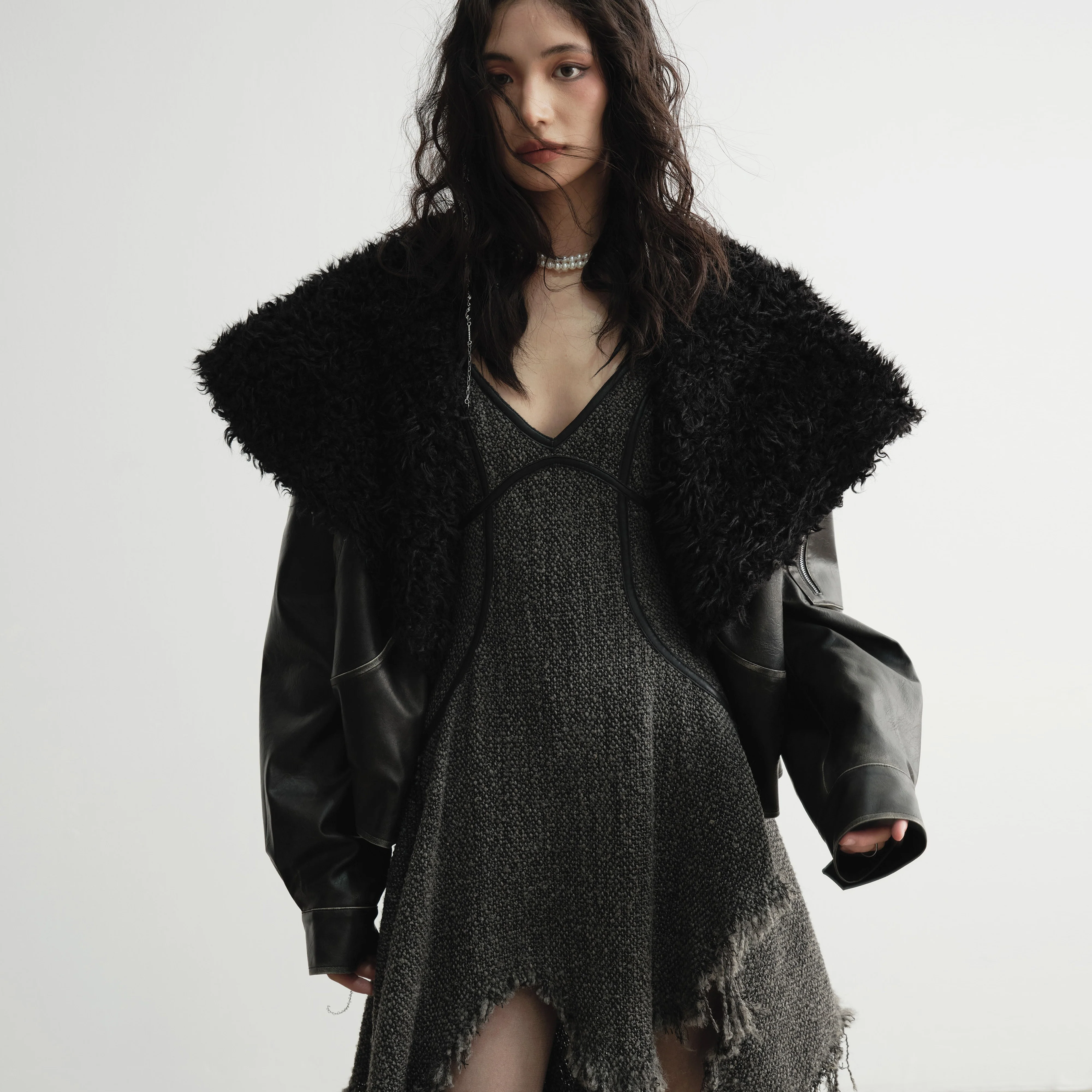 Genderless Wrap PU Leather Jacket with Fur Collar - Image 7