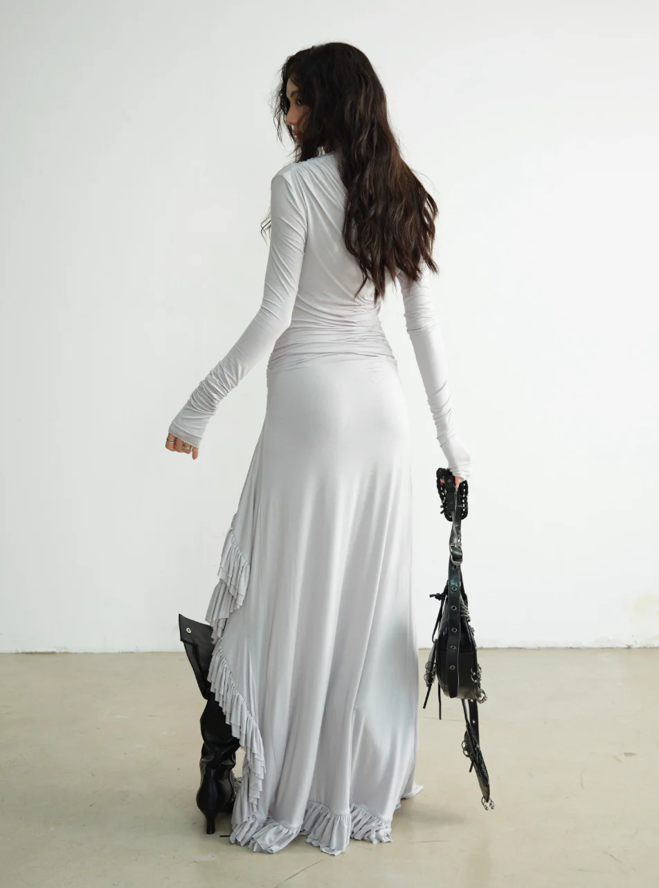 Royal Gray Off-Shoulder Lace Gown - Image 3