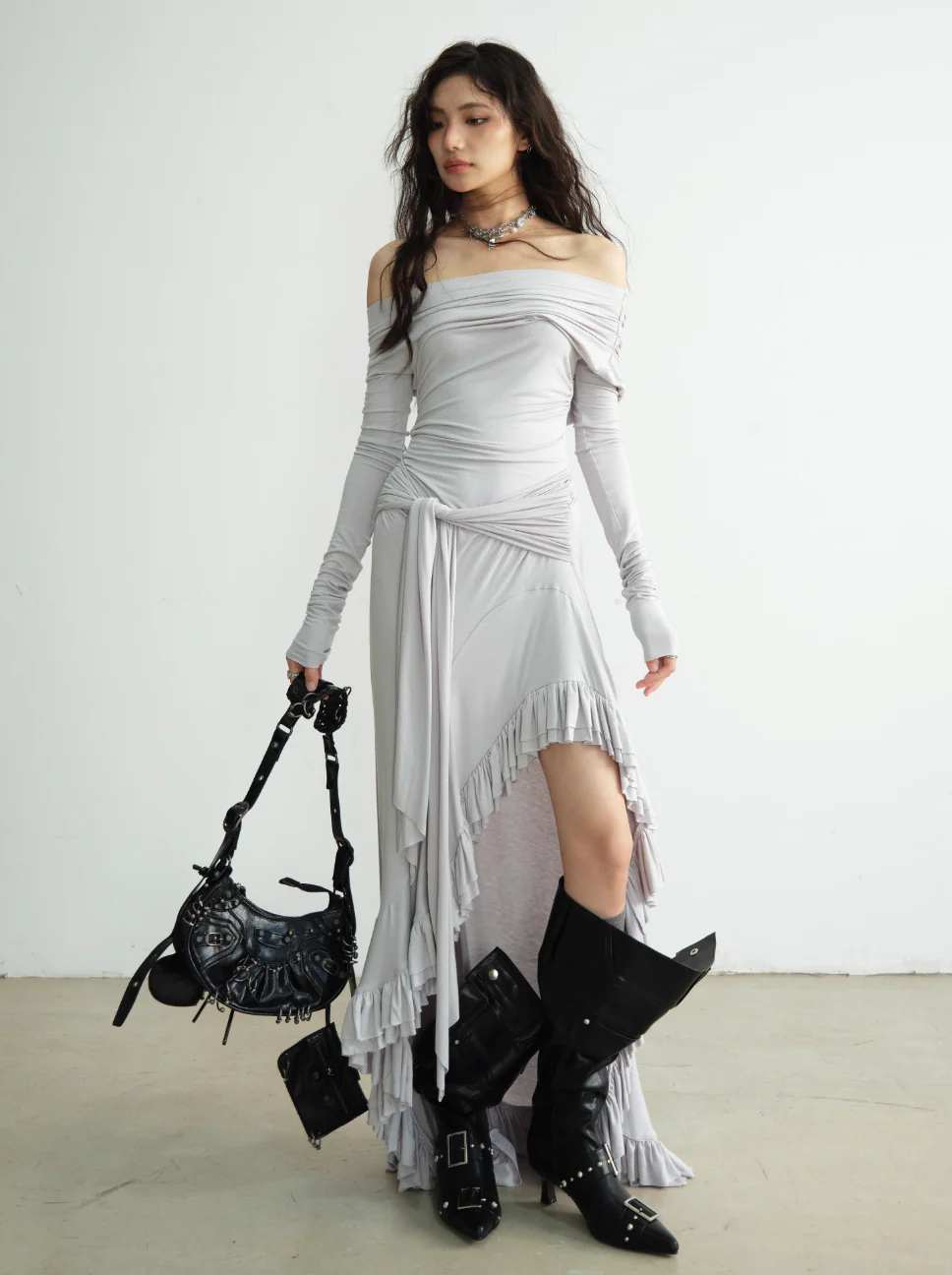 Royal Gray Off-Shoulder Lace Gown - Image 4