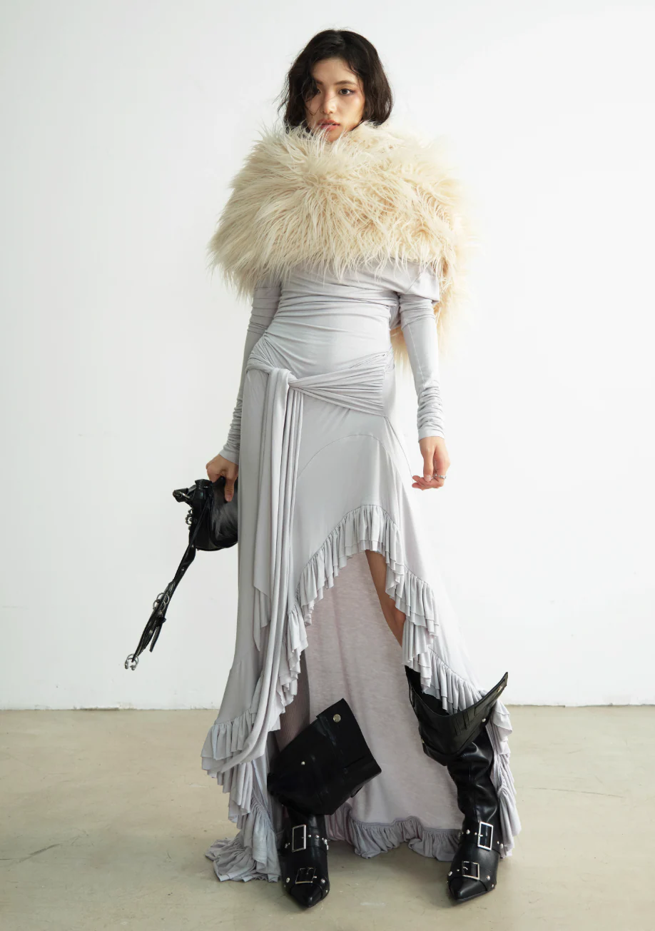 Royal Gray Off-Shoulder Lace Gown - Image 9