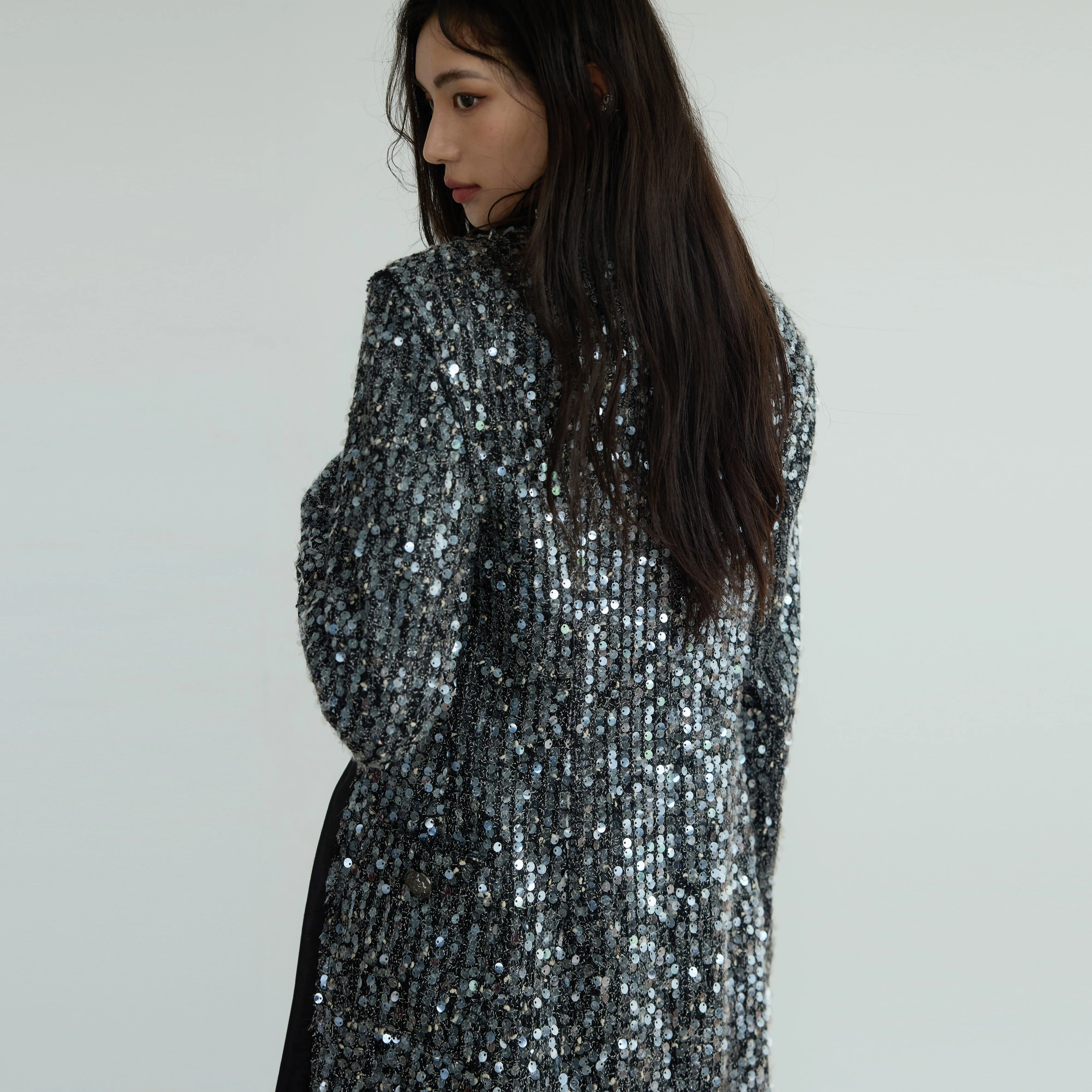 Dark Sequin Lace-Up Chanel-Inspired Suit - Image 3