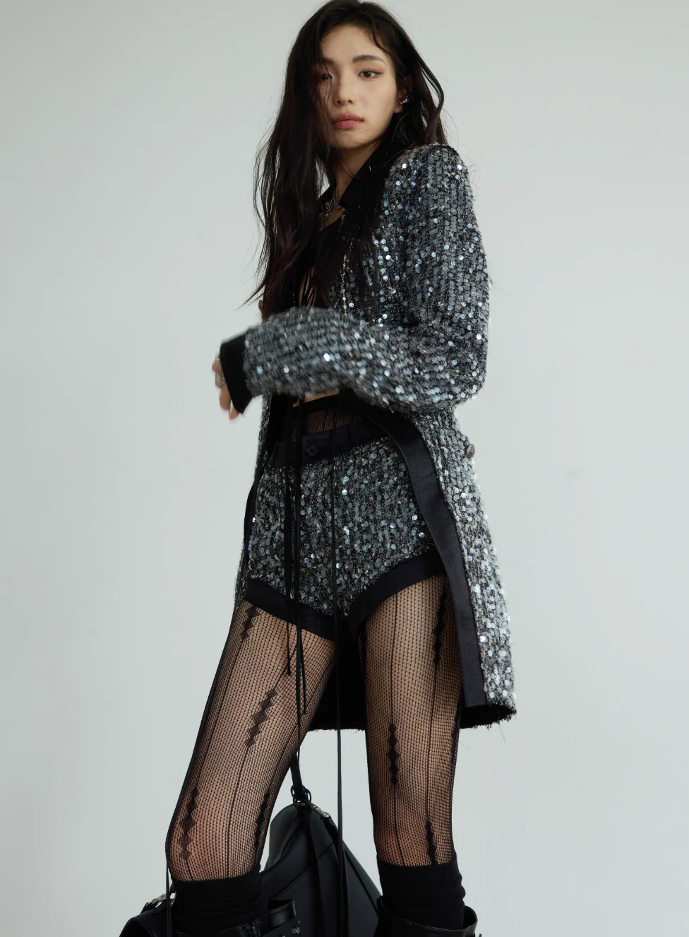 Dark Sequin Lace-Up Chanel-Inspired Suit - Image 8