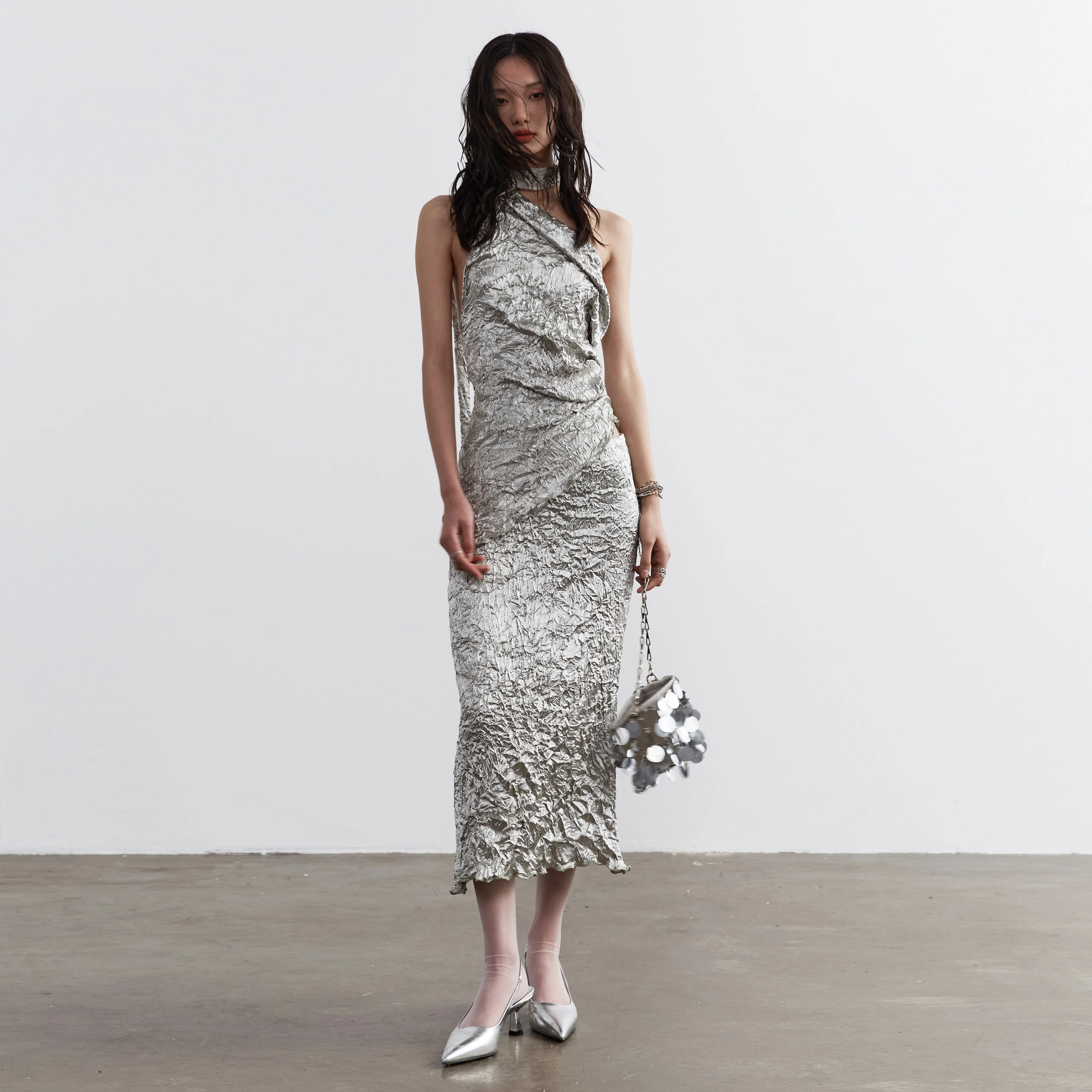 Metallic Satin Textured Two-Piece Dress - Image 4