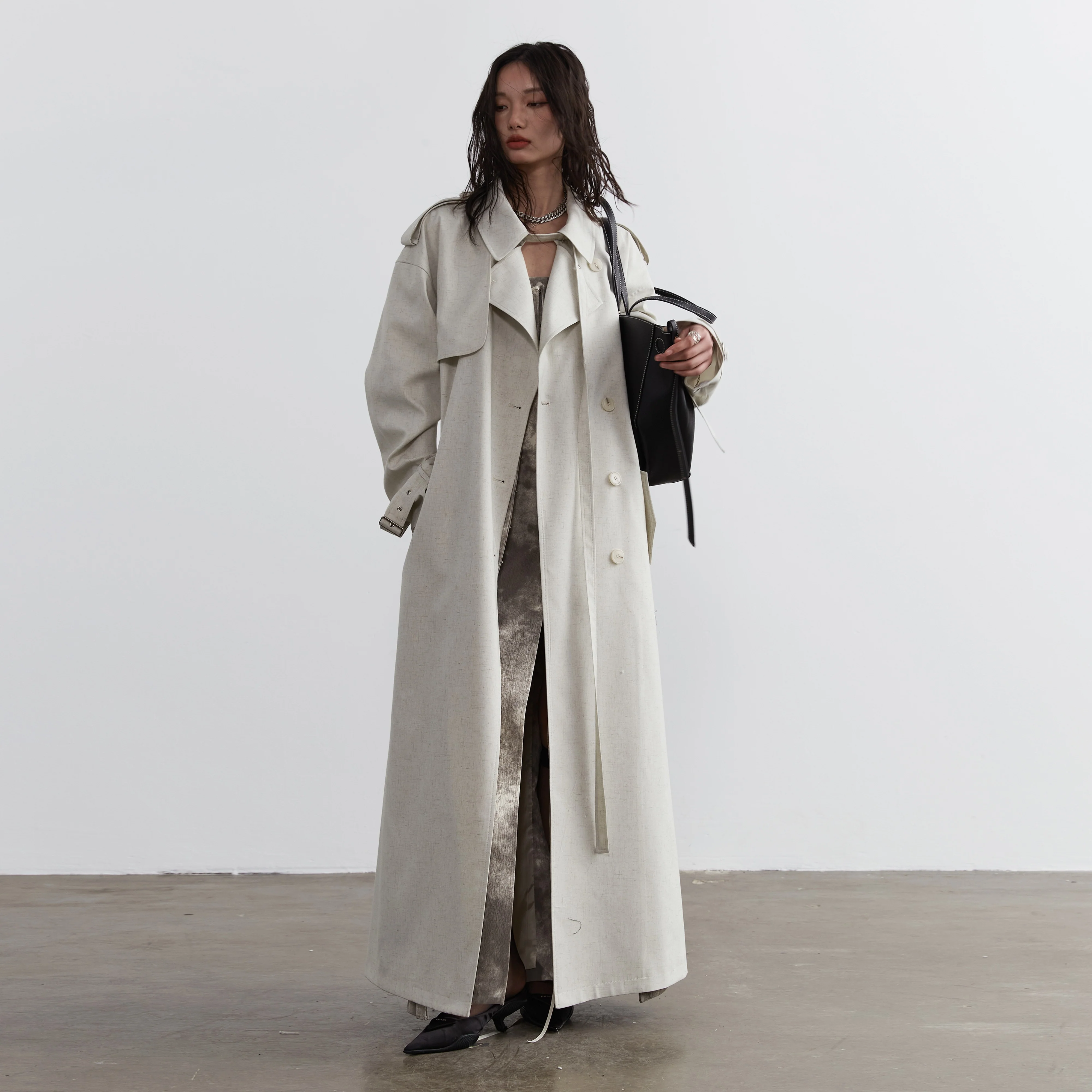 Minimalist Lime White Long Trench Coat - Image 4