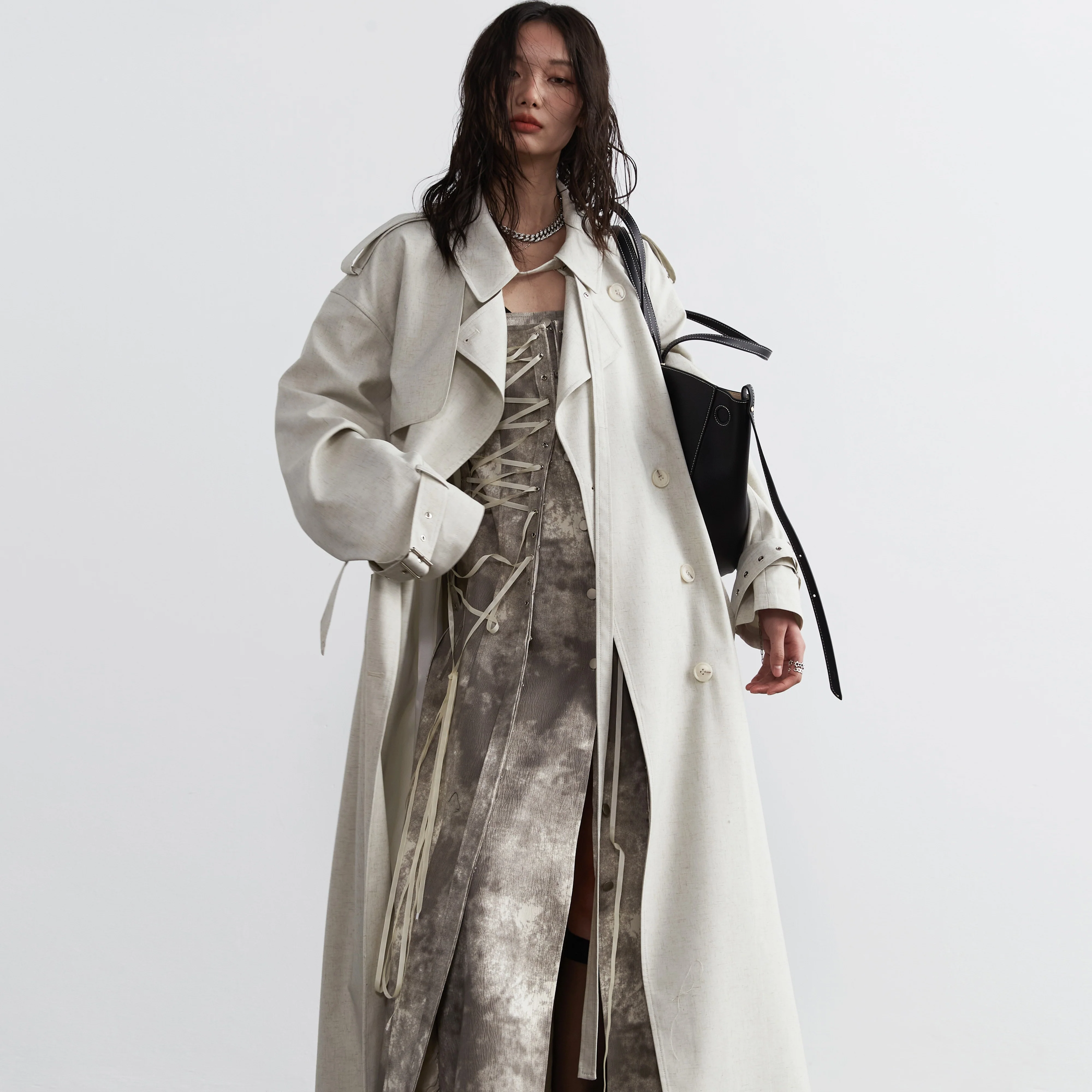Minimalist Lime White Long Trench Coat - Image 6