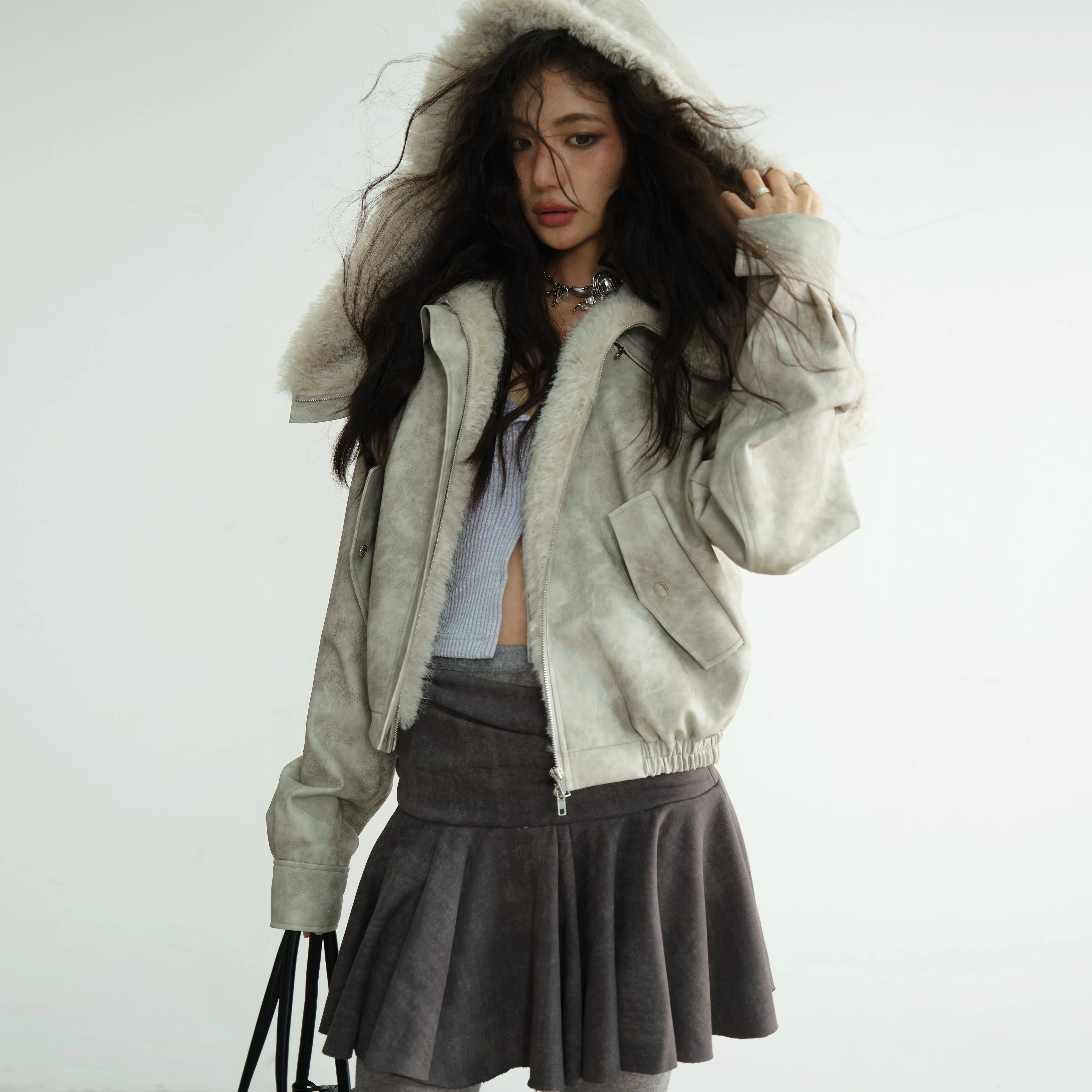 Retro Ballet PU Jacket with Fur Hood - Image 6