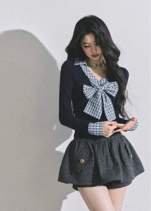 K-Idol Plaid Bow Layered Top