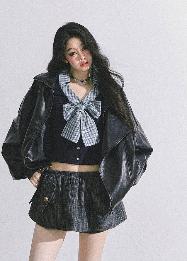 K-Idol Plaid Bow Layered Top - Image 5