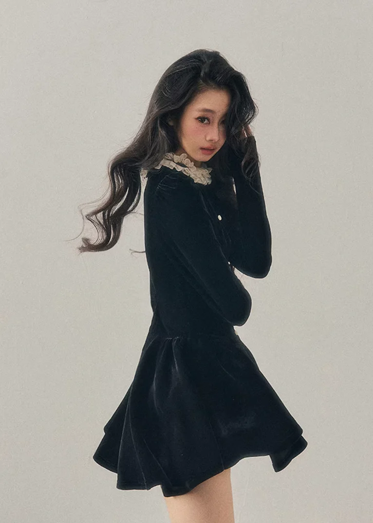 Lace Frill Velvet Mini Dress - Image 5
