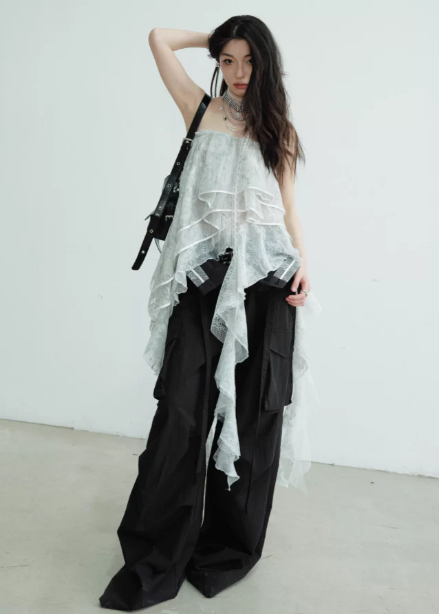 Irregular Lace Sheer Strapless Skirt (Two-Way Wear) - Image 3