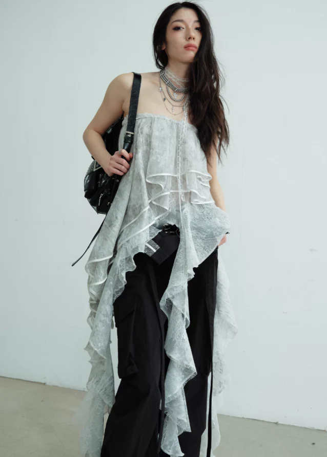 Irregular Lace Sheer Strapless Skirt (Two-Way Wear) - Image 4