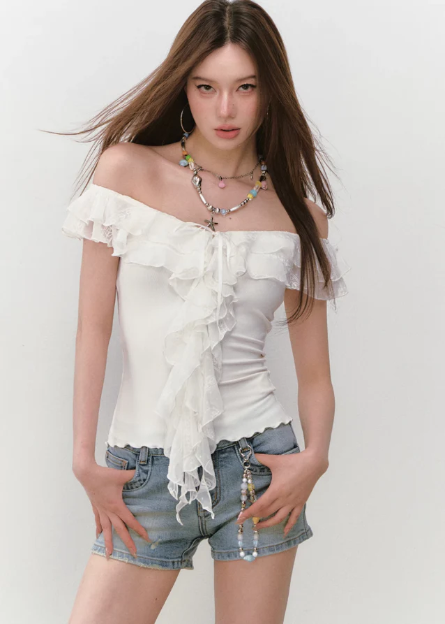 Lace Ribbon V-Neck Cinched Waist Top - Image 3