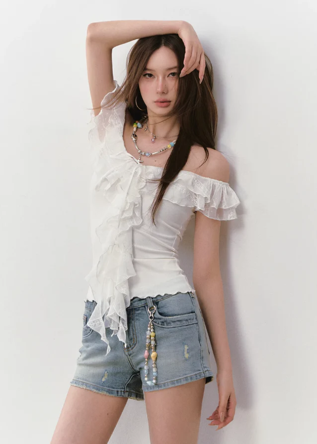 Lace Ribbon V-Neck Cinched Waist Top - Image 7