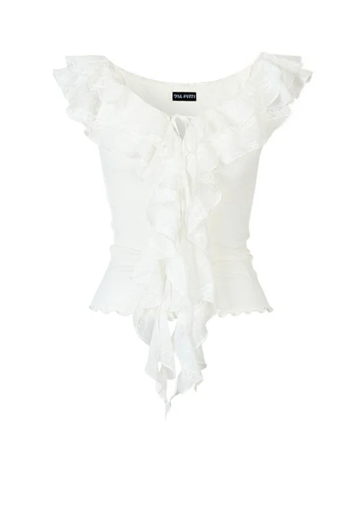 Lace Ribbon V-Neck Cinched Waist Top - Image 8