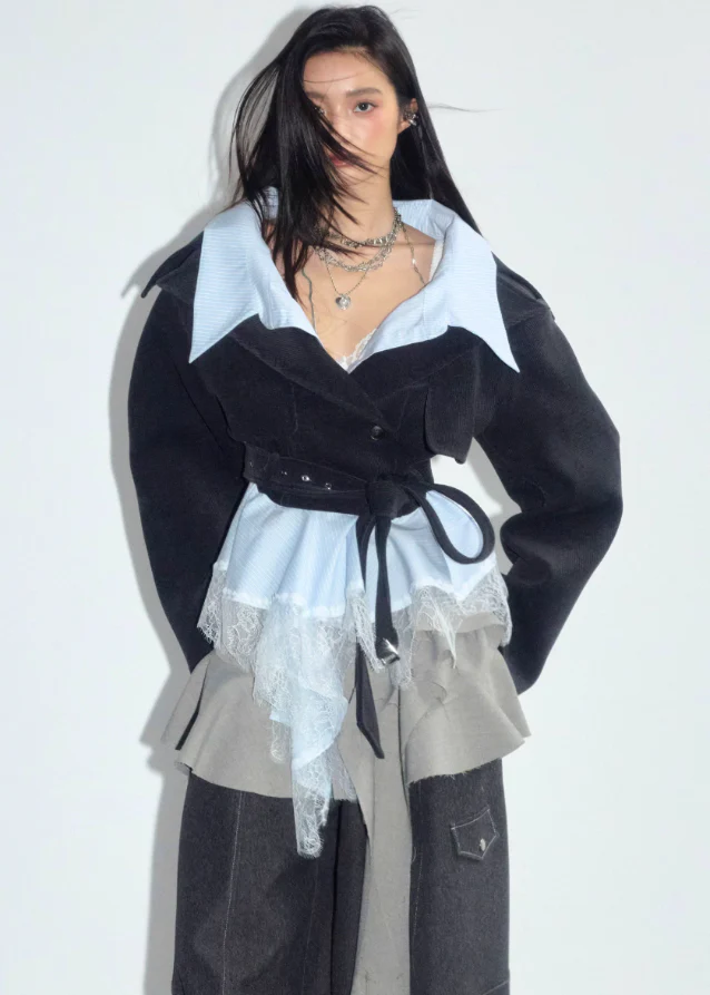 Layered Mist Lace-Trim Short Coat