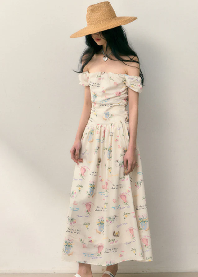Letter Floral One-Shoulder Pleated Waist Dress