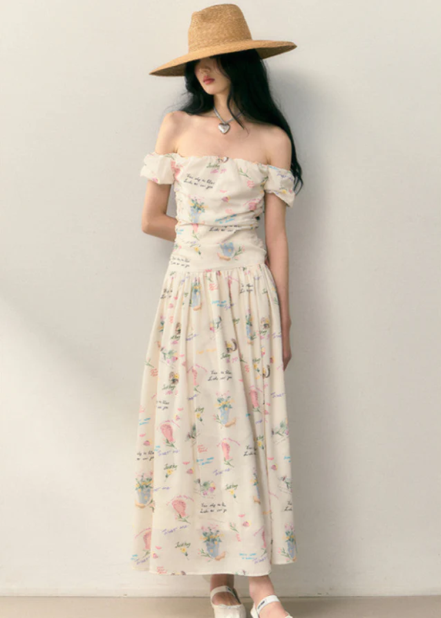 Letter Floral One-Shoulder Pleated Waist Dress - Image 2