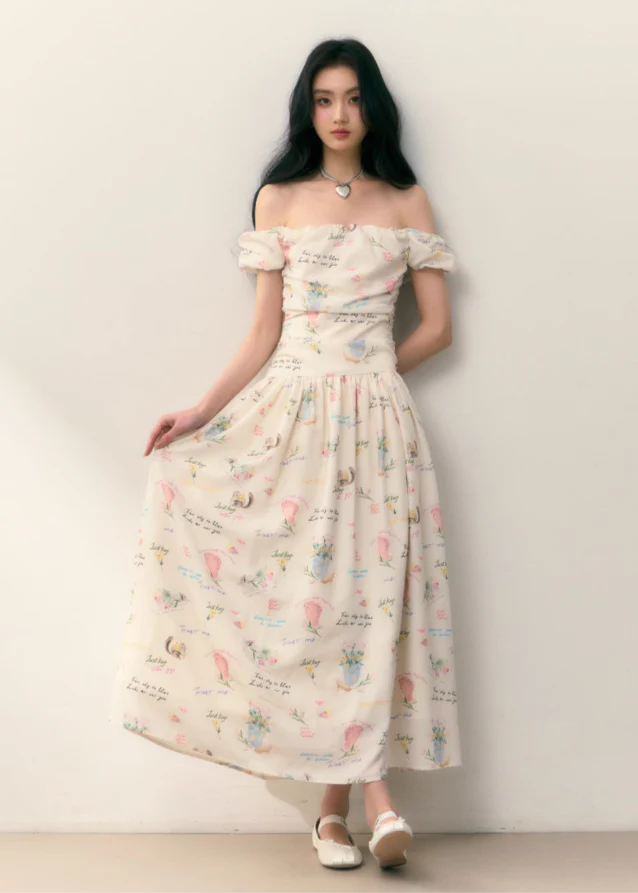 Letter Floral One-Shoulder Pleated Waist Dress - Image 3