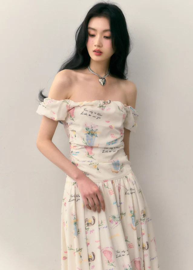 Letter Floral One-Shoulder Pleated Waist Dress - Image 4