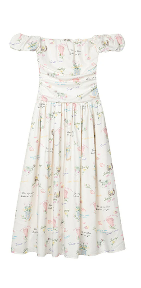 Letter Floral One-Shoulder Pleated Waist Dress - Image 5