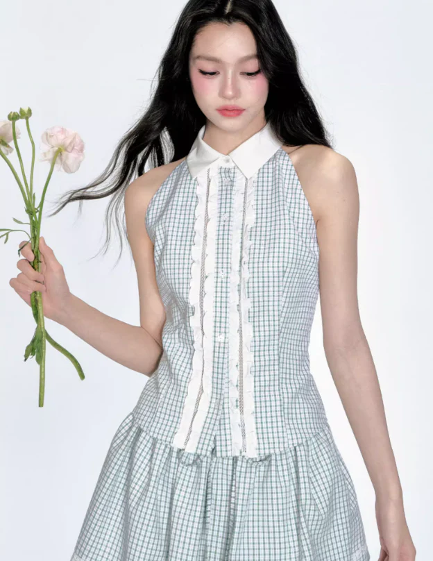Mint Green Grid Puff Skirt Set - Image 3