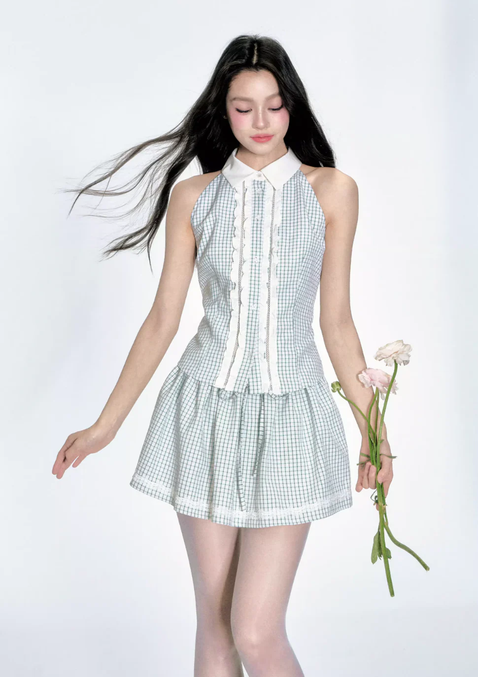 Mint Green Grid Puff Skirt Set - Image 4