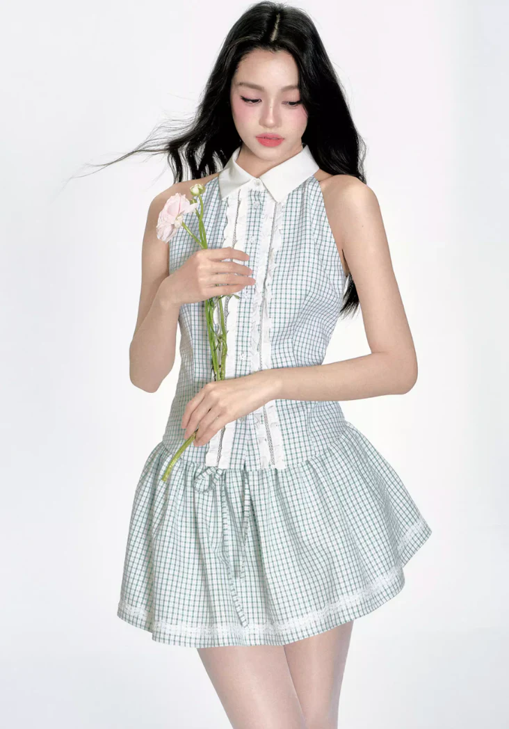 Mint Green Grid Puff Skirt Set - Image 5