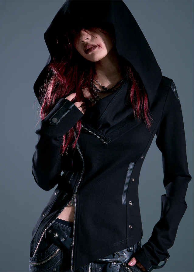 Raven Hood Asym Zip Knit Jacket