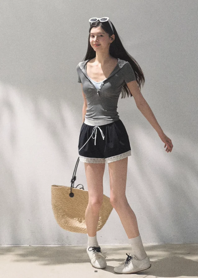 Lyocell Lace Hooded Slim Polo Top