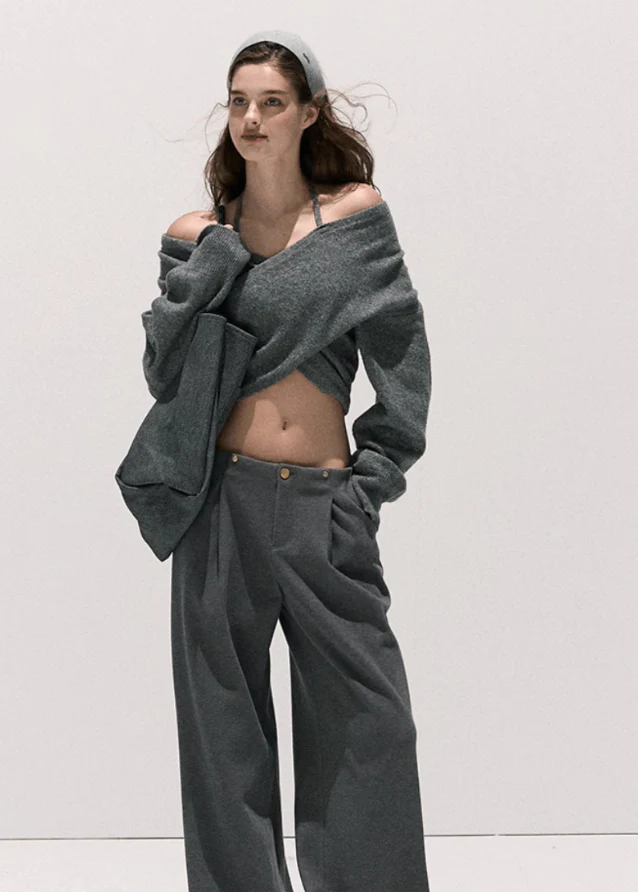Lyocell Wool Knit Cross-Waist Off-Shoulder Sweater - Image 5