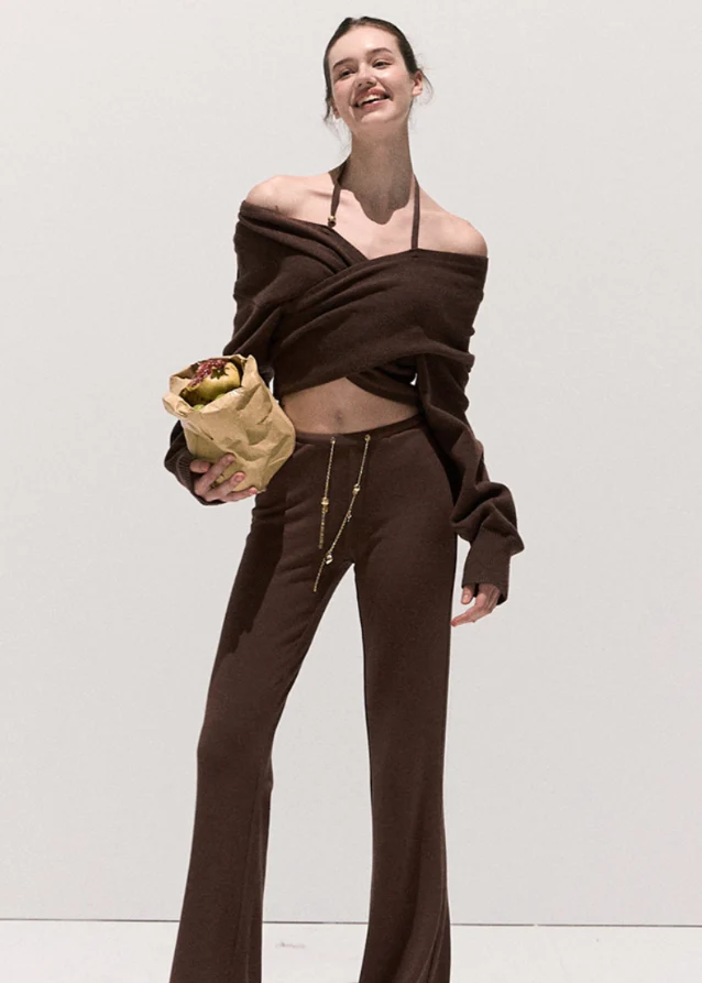 Lyocell Wool Knit Cross-Waist Off-Shoulder Sweater - Image 6