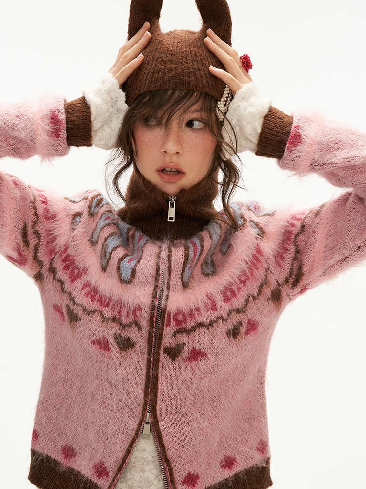 Cat ear hoodie sweater pink zipper jacket top - Image 3