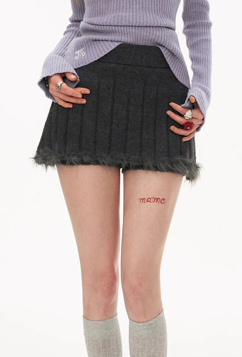 College style short sweater tops with fur pit short skirt pants - Image 18