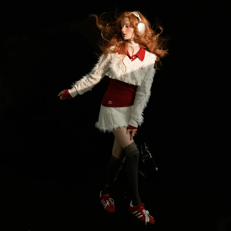 College style short sweater tops with fur pit short skirt pants - Image 5