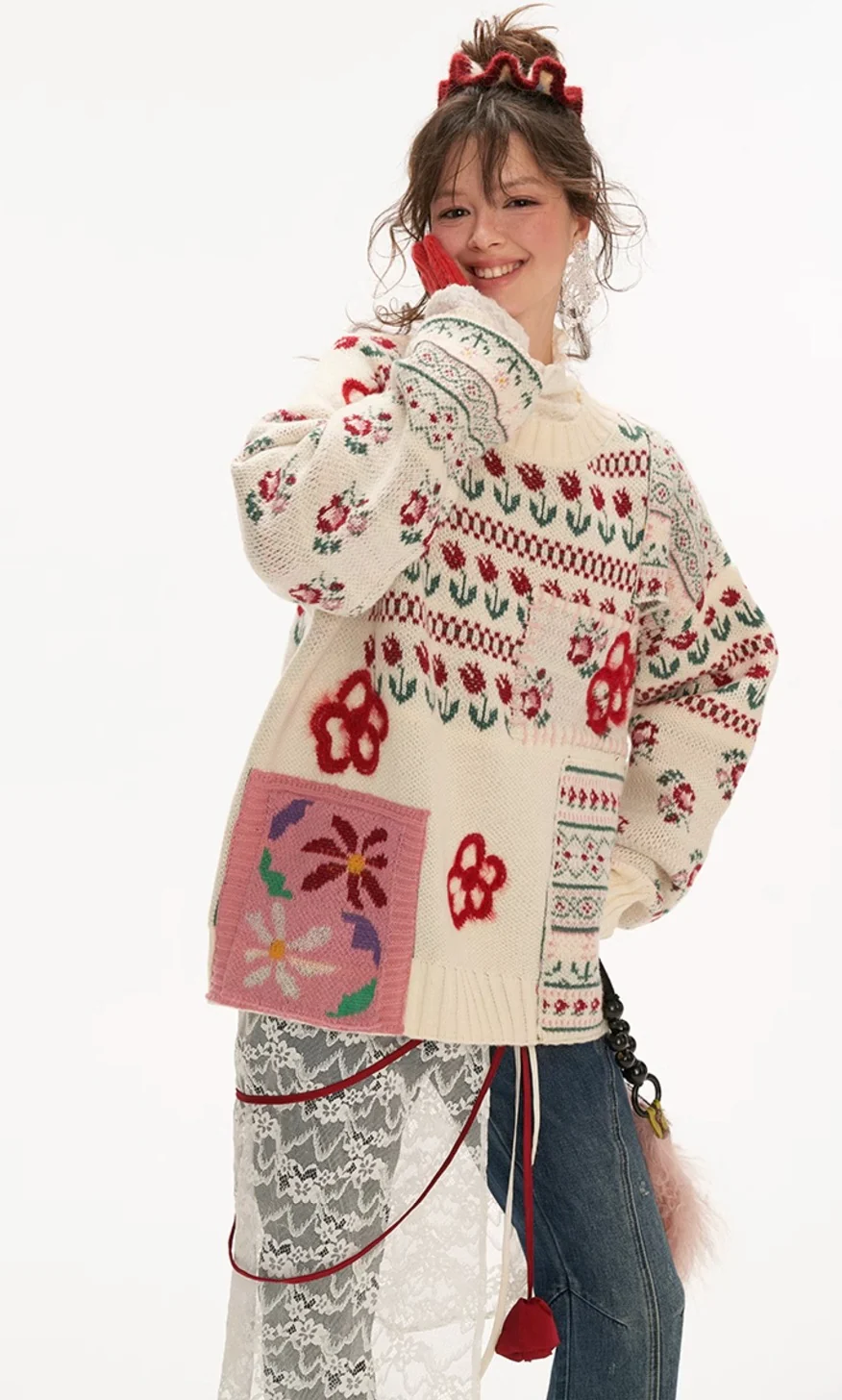 Fair Isle flower patchwork sweater loose top - Image 13